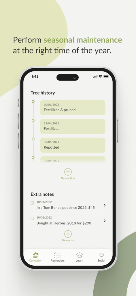 Bonsai Care App - Bonsai tree history timeline in the app showing past maintenance actions like pruning and repotting
