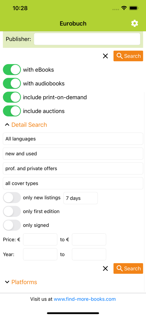 Interfaz de búsqueda avanzada de libros con filtros para primeras ediciones y rango de precios