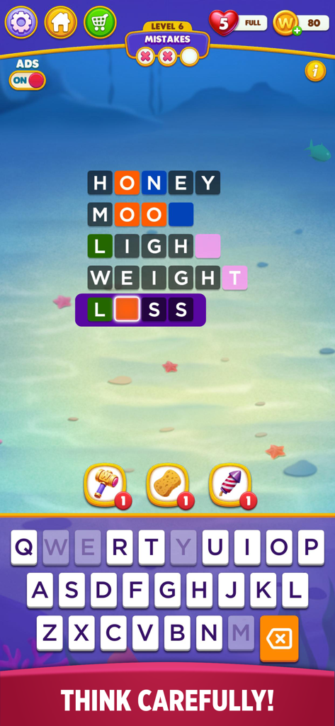 Word Chain Puzzle - Mobile game interface for Word Chain Puzzle showing word connections like honey moon and light weight on an underwater background
