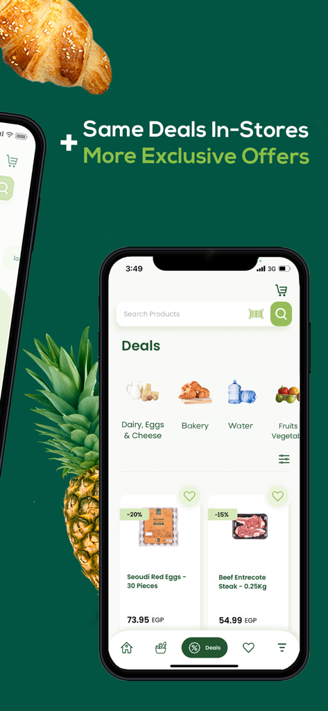 Page des offres de l'application mobile Seoudi Supermarket montrant des articles d'épicerie à prix réduit