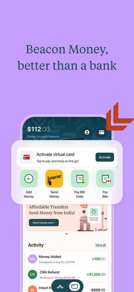 My Beacon - My Beacon app dashboard showing virtual card activation and international bill payment features