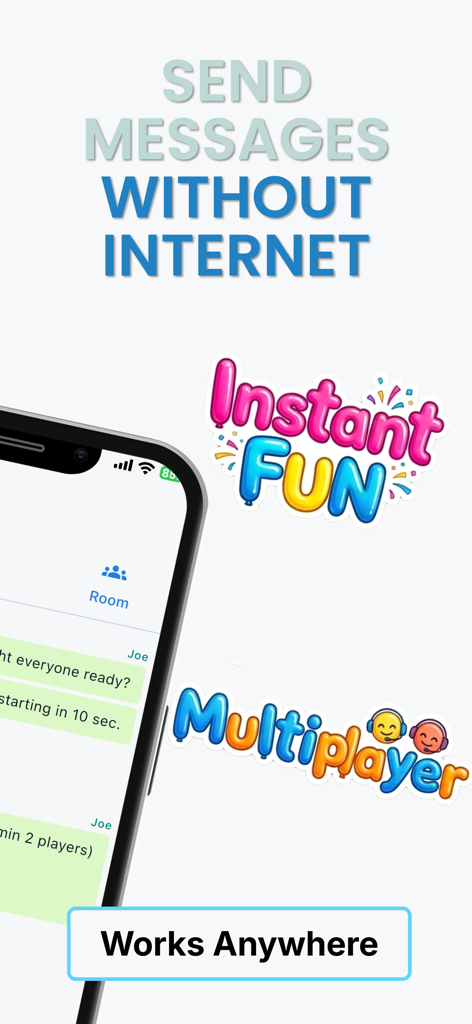 Circlo – Chat & Play Nearby - Captura de pantalla de la aplicación Circlo destacando mensajes sin conexión y juegos multijugador con el titular Envía mensajes sin internet