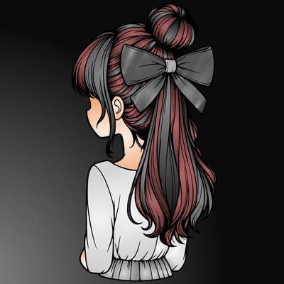 realistic girl  with hip length hair a bun and a big bow on the back of head