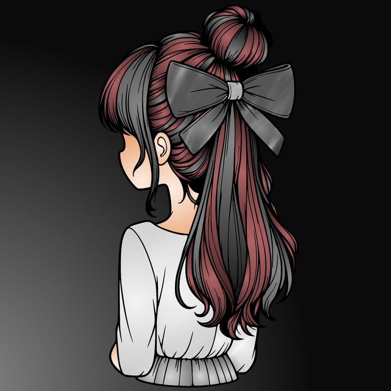 realistic girl  with hip length hair a bun and a big bow on the back of head