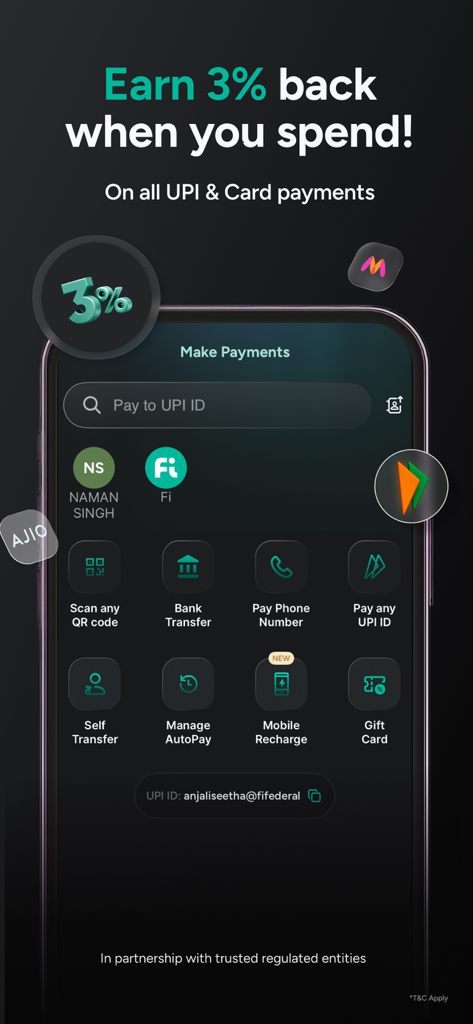 Fi Money app interface highlighting 3 percent cashback rewards on UPI and card payments