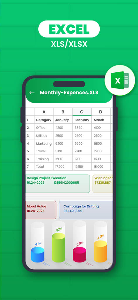 All PDF Reader - PDF Viewer - Interfaz de aplicación móvil mostrando una hoja de cálculo de Excel con gastos mensuales y gráficos de datos.