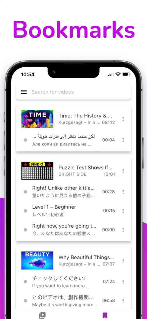 Lingvotube: Video translator - Bookmarks screen in the Lingvotube app showing a list of saved videos with multilingual translations