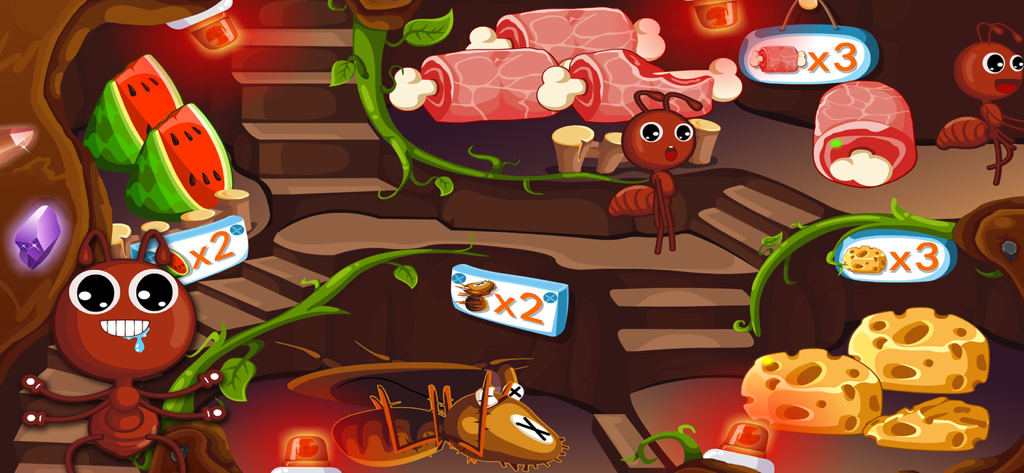 Cartoon ants storing food like watermelon and cheese inside an underground colony