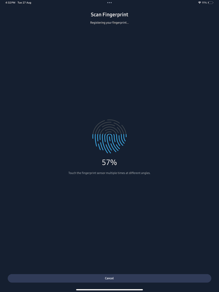 Samsung Magician - Pantalla de progreso de registro de huellas dactilares en la aplicación Samsung Magician en iPad.