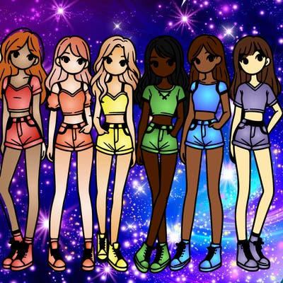 a group of girls wearing crop tops and shorts