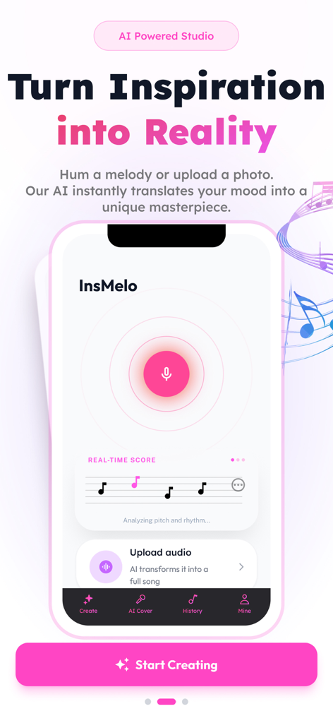 Music Maker AI Songs: InsMelo - Interfaz de la aplicación InsMelo mostrando el estudio de música IA donde los usuarios pueden tararear una melodía para generar una canción.