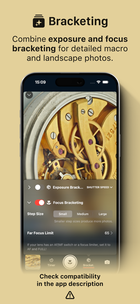 Shutter - Sony Camera Remote - Un écran de smartphone montrant les réglages de bracketing de l'application Shutter pour les appareils photo Sony, avec contrôle de la mise au point et de l'exposition pour la photographie macro.