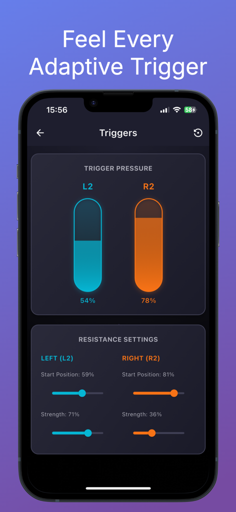 SensePad: Gamepad Tester - SensePad app interface showing real-time adaptive trigger pressure and resistance diagnostics for gaming controllers.