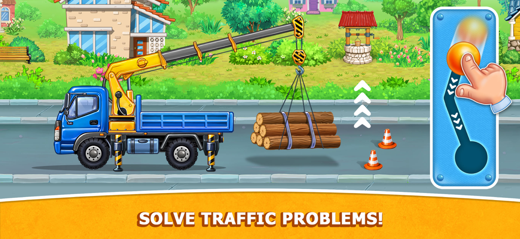 A blue crane truck lifting wooden logs in a colorful cartoon city building game for kids.