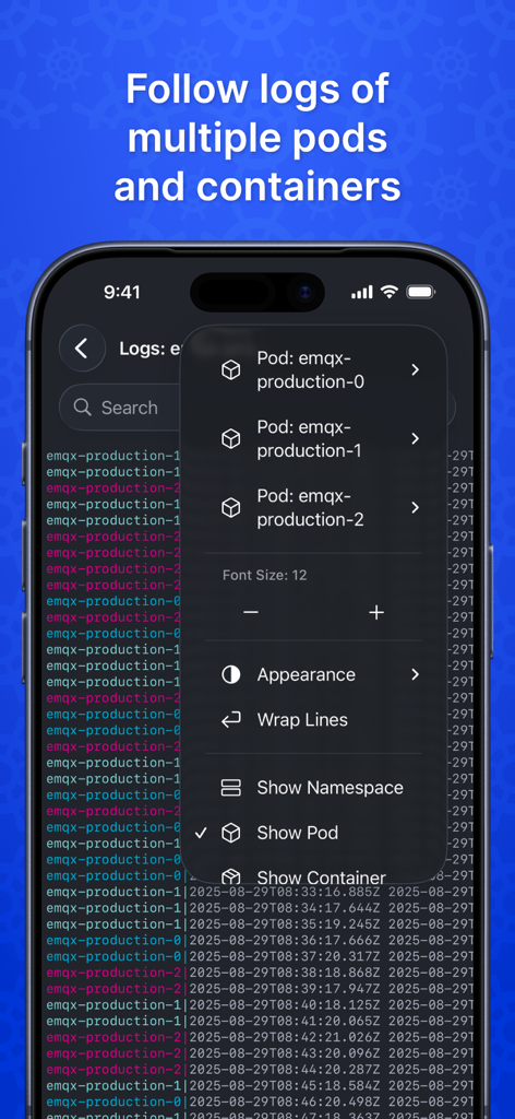 Nautik for Kubernetes - Captura de pantalla de iPhone de Nautik para Kubernetes que muestra un visor de registros en tiempo real para múltiples pods y contenedores con un menú de personalización