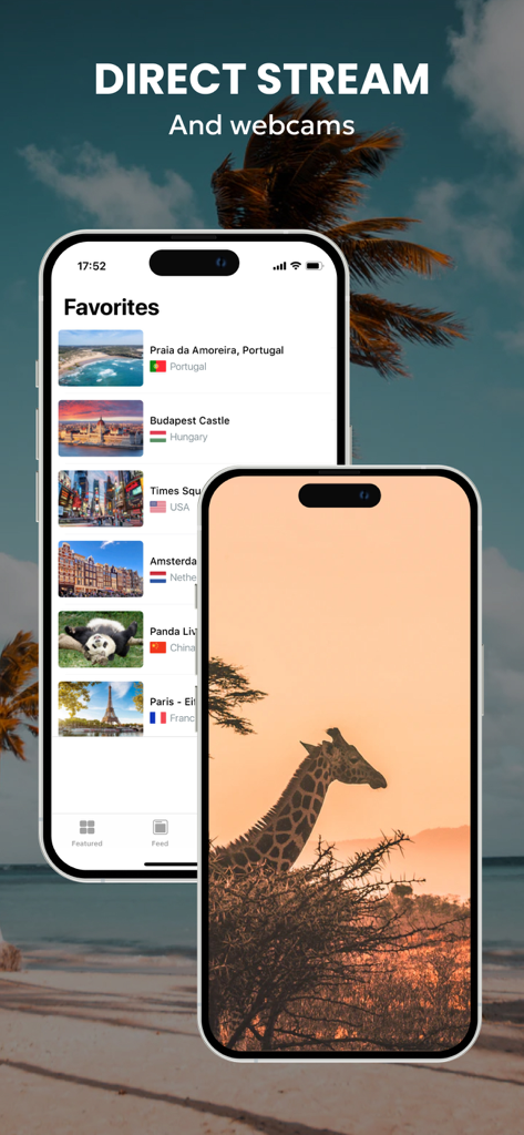Webcams World View: Discovery - Mobile app interface showing favorite webcam locations and a live stream of a giraffe in the wild.