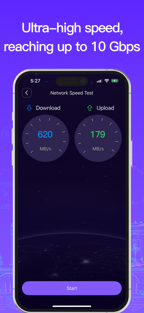 VPN - Super VPN Buck - Interfaz de prueba de velocidad de red de la aplicación Super VPN Buck que muestra altas velocidades de descarga y carga de hasta 10 Gbps.