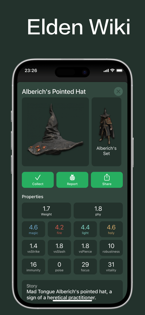 Pantalla de la Wiki de Elden Ring mostrando estadísticas de objetos y lore del Sombrero Puntiagudo de Alberich
