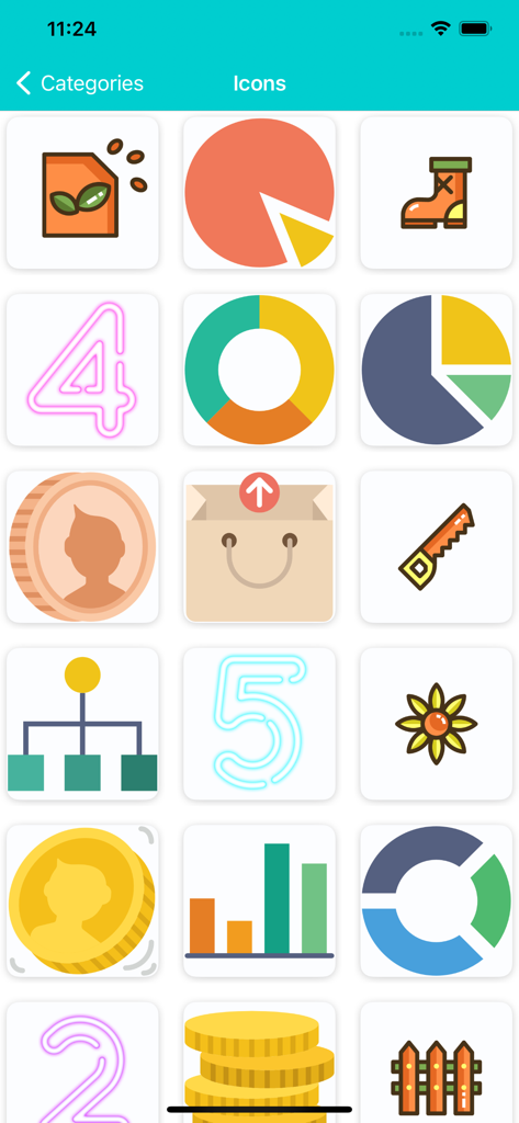 Logo Maker - Create Design - Uma galeria de diversos ícones coloridos para design de logo personalizado, incluindo gráficos de negócios, símbolos e números neon