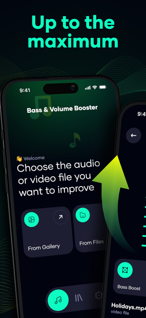 EQ and Volume Boost for Music - Bass and Volume Booster app home screen showing options to import audio or video files from gallery or files