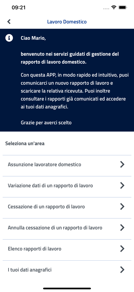 INPS mobile - Interfaz de gestión de trabajo doméstico en la aplicación INPS mobile con servicios para contratar y gestionar trabajadores