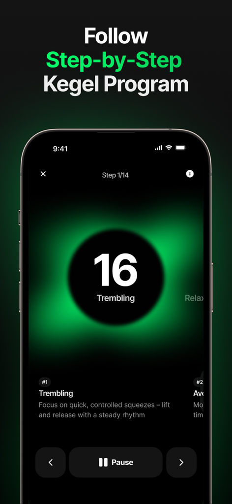 KegelUp: Kegel Trainer for Men - Bildschirm einer mobilen App, der ein schrittweises Kegel-Trainingsprogramm für Männer mit Timer und Übungsanweisungen anzeigt.