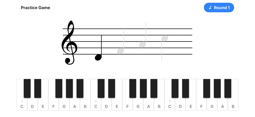 Read Notes Game - Notenlese-Spiel-Oberfläche mit Violinschlüssel-Notensystem und virtuellem Klavierkeyboard