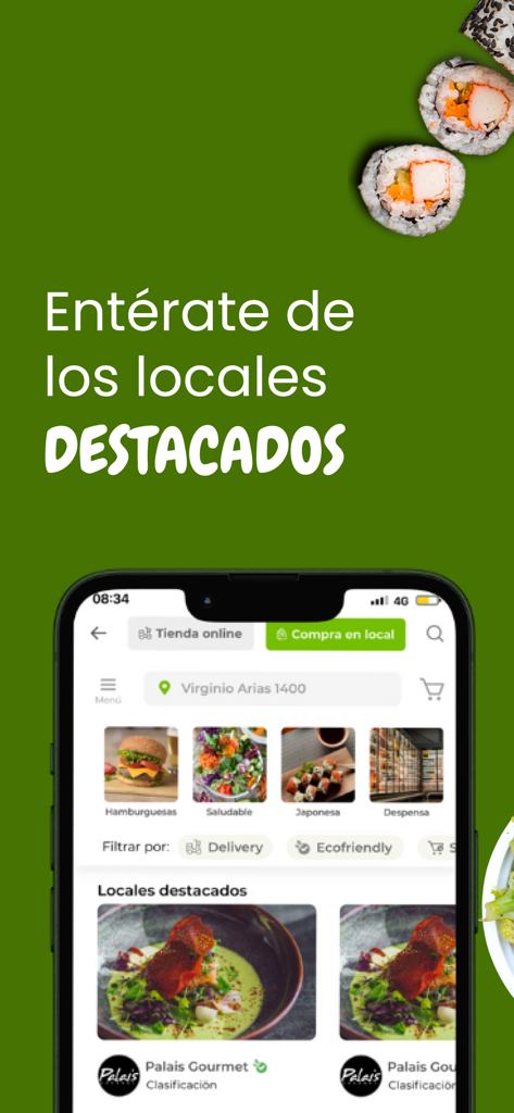 Amipass - Amipass mobile app screen showing featured local restaurants and food categories with ecofriendly labels