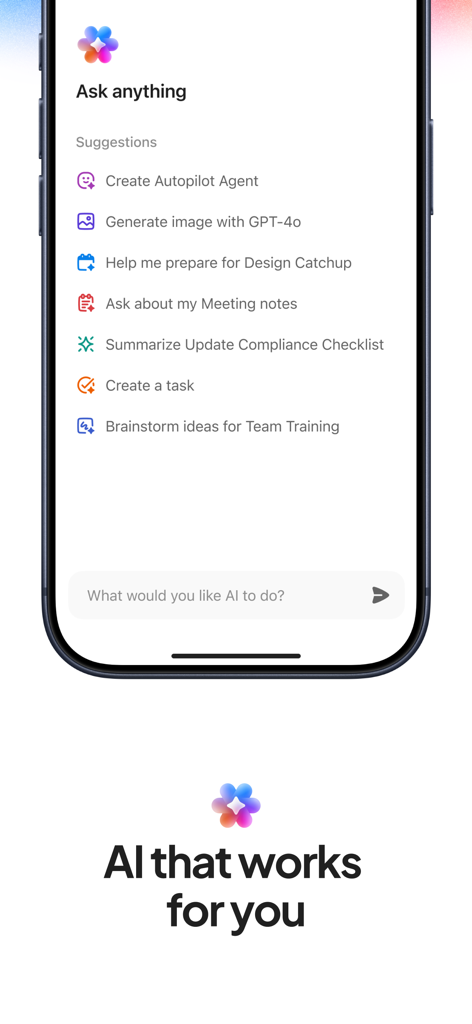 ClickUp: Tasks, Chat, Docs, AI - ClickUp mobile app showing the AI assistant interface with task and agent suggestions