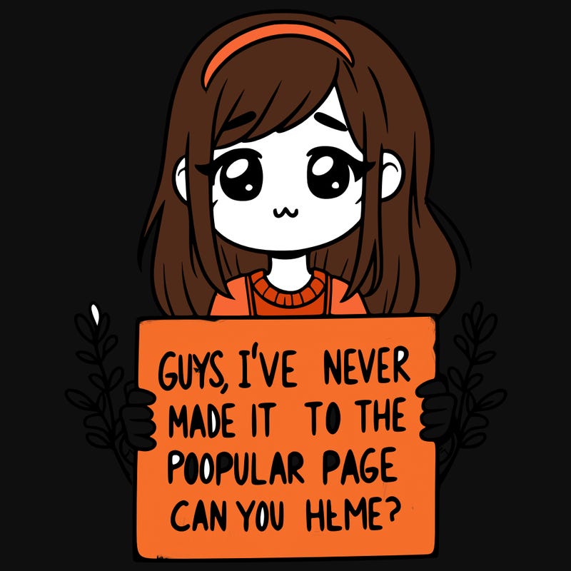 a girl holding up a sign that says, guys, i’ve never made it to the popular page, can you help me?