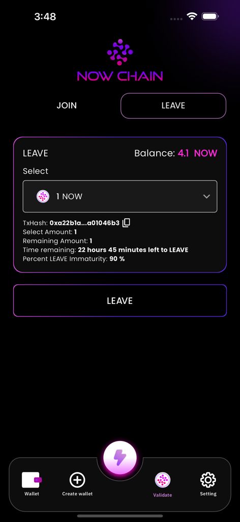 mobiNODE - Interface do aplicativo móvel mobiNODE mostrando a seção de saída de validação com detalhes da transação e saldo