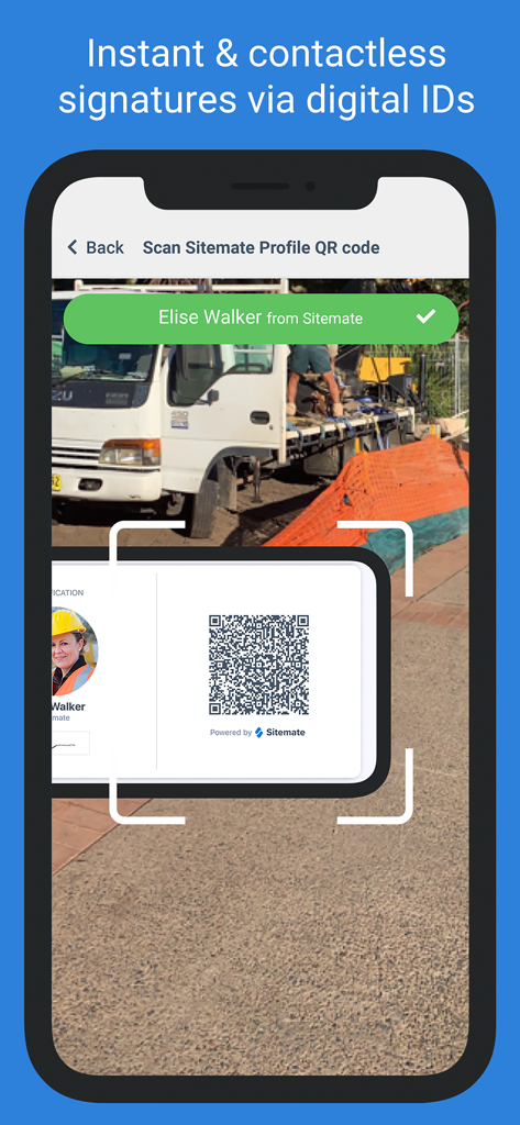 Dashpivot - Smartphone scanning a digital ID QR code for a contactless signature in the Dashpivot app