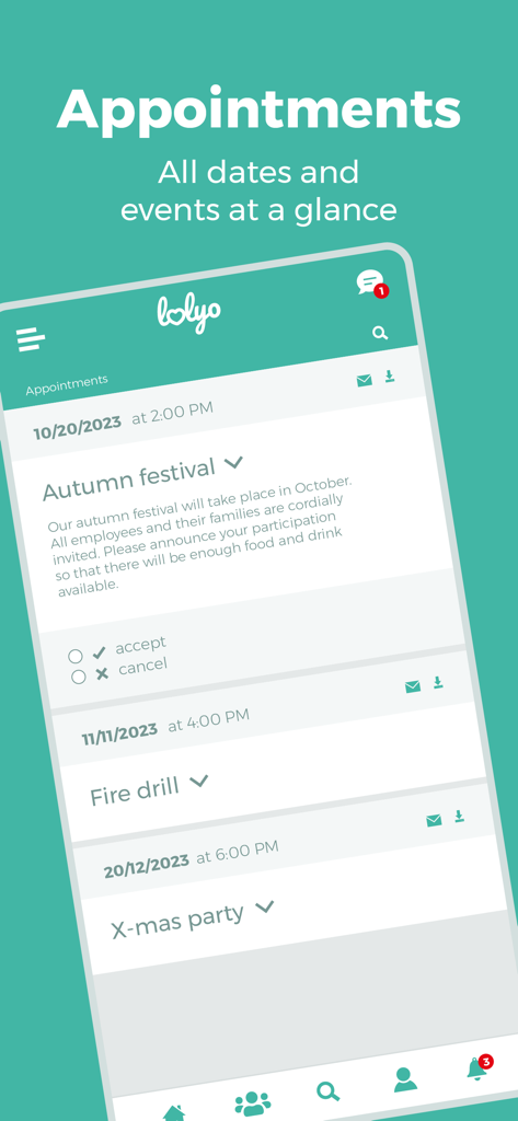 Screenshot della LOLYO Employee-App che mostra un elenco di appuntamenti ed eventi aziendali imminenti come una festa autunnale e un'esercitazione antincendio.