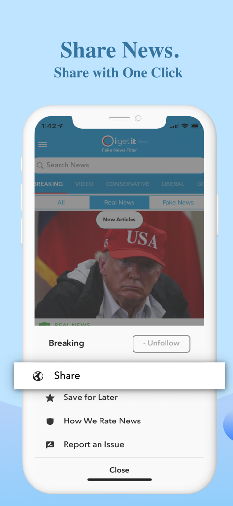 Oigetit app mobile interface showing the one click news sharing menu