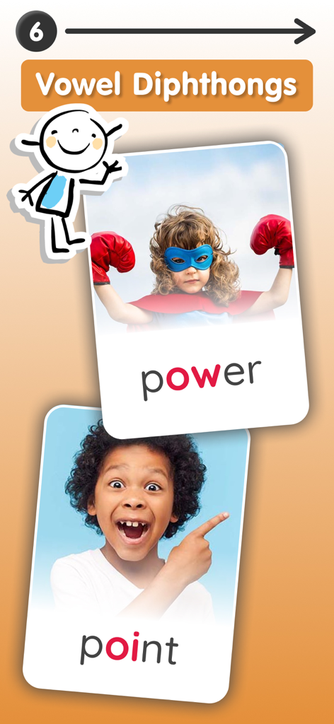 Educational flashcards for vowel diphthongs showing the words power and point with descriptive photos