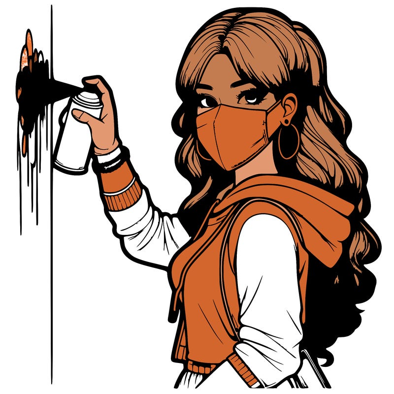 realistic girl with mask spray painting a wall