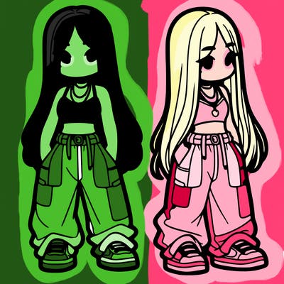 girl in baggy pants crop top and long hair