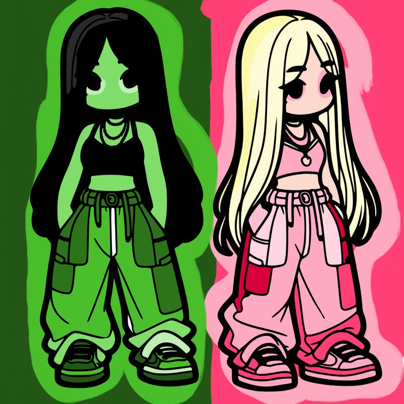 girl in baggy pants crop top and long hair