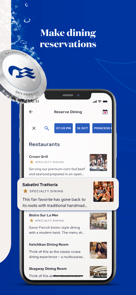 Princess Cruises - Schermo dello smartphone che mostra l'interfaccia dell'app Princess Cruises per effettuare prenotazioni nei ristoranti speciali a bordo