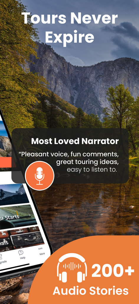 Yosemite GyPSy Guide Tour - Yosemite GyPSy Guide app screen showing over 200 audio stories and a narrator testimonial against a scenic national park background.