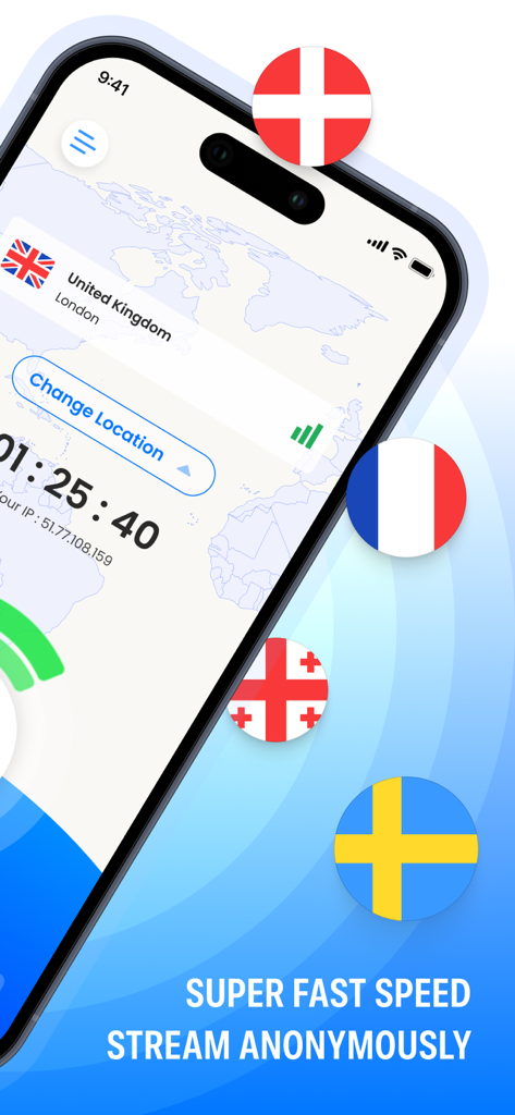 Guardian VPN — Secure - Guardian VPN app interface highlighting fast speed and anonymous streaming with global server icons.