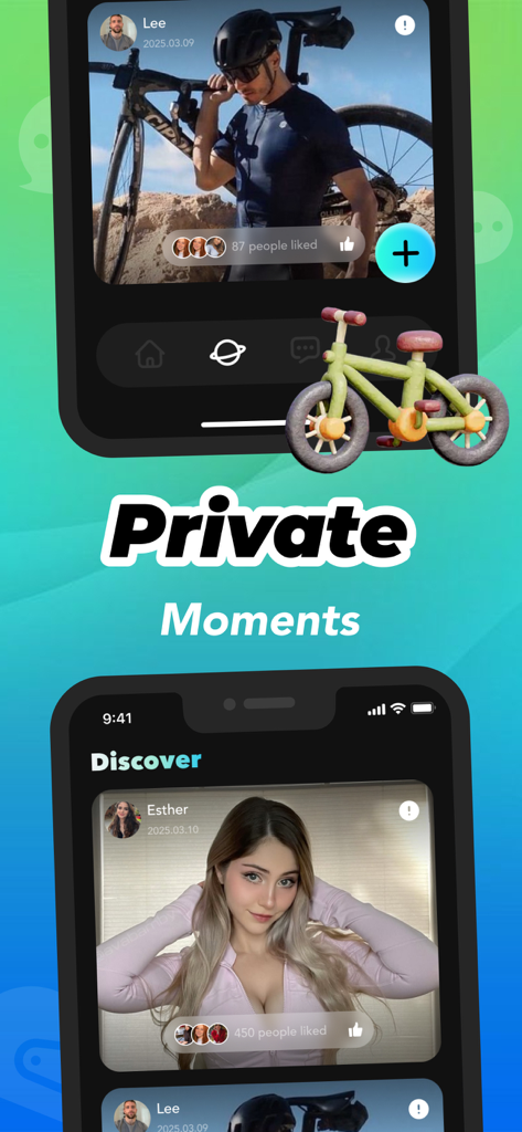 Slinky - Video Call, 1v1 Chat - Slinky mobile app interface showing private moments and discovery feed features for the cycling community