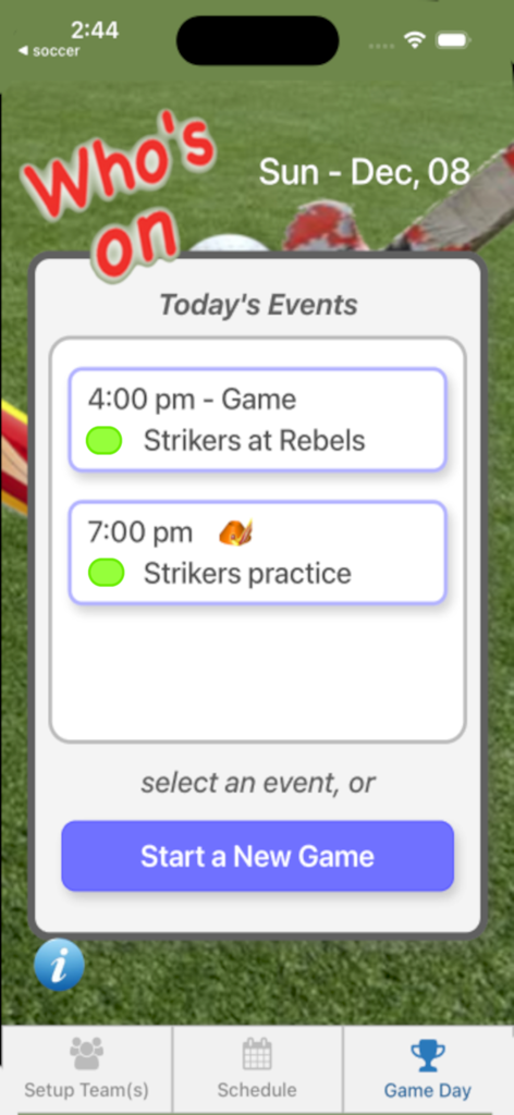 Who's On - Field Hockey - Interfaz de la aplicación móvil que muestra partidos y entrenamientos de hockey sobre césped programados para el día actual