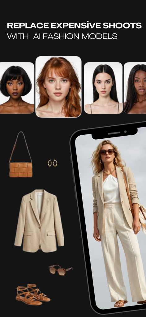 AI Fashion Studio Maker:Fashio - AI Fashion Studio app showing diverse models and professional fashion photoshoot generation