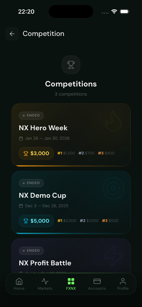 FXNX - FXNX app screen showing a list of trading competitions with prize pools and dates