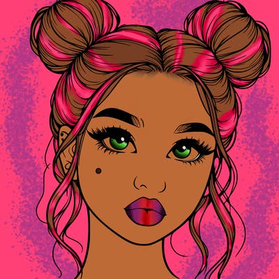 realistic girl with two buns on her hair and lips