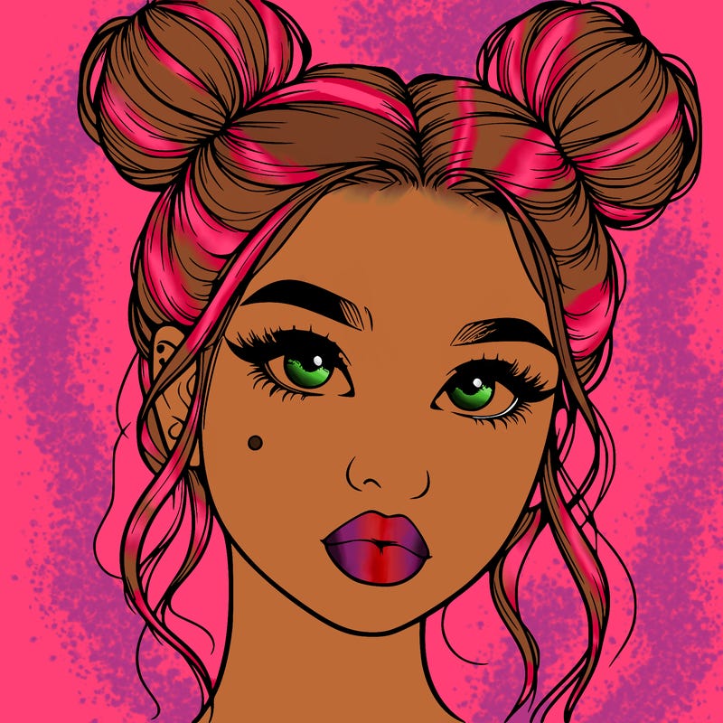 realistic girl with two buns on her hair and lips
