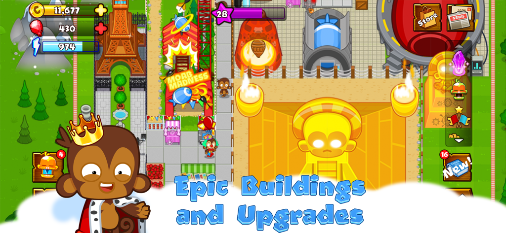 Una captura de pantalla del juego de Bloons Monkey City mostrando varios edificios y un personaje de rey mono