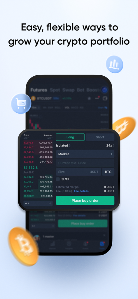 ONUS: Buy Bitcoin,ETH & Crypto - ONUS 플랫폼의 암호화폐 선물 거래 옵션을 보여주는 모바일 앱 인터페이스