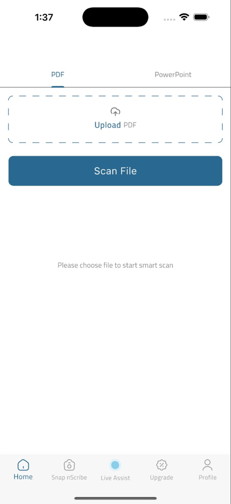 ScribeMe - Home screen of ScribeMe app for uploading and scanning PDF and PowerPoint documents